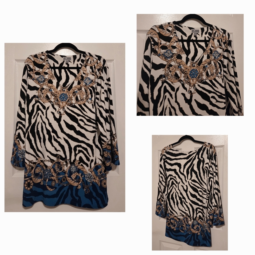 Zebra Embellished Gold & Blue Tunic Top